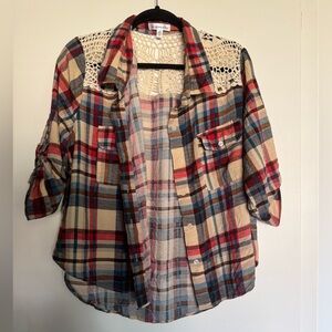 Roommates Womens Shirt Top Blouse Size 3X Blue Red Tan Plaid Lace Button Up